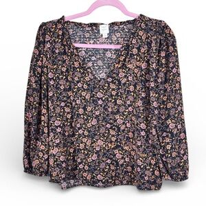 Roan & Ryan Black Pink Floral Boho Blouse Womens L Peasant Casual Cropped Shirt
